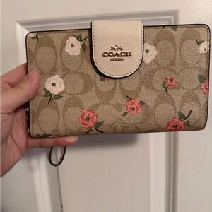 Coach Tan Wallet with Pink Floral Design